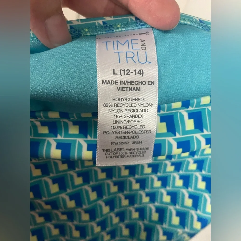 NWT Time and Tru High Waist Geo Print Bikini Bottoms Large 12-14‎ Teal Moon